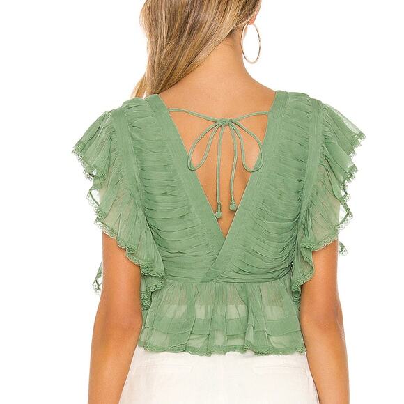 Tularosa Green Chiffon Ruffle Top MEDIUM Cottagecore Romantic Flutter $158 NEW - Picture 3 of 6